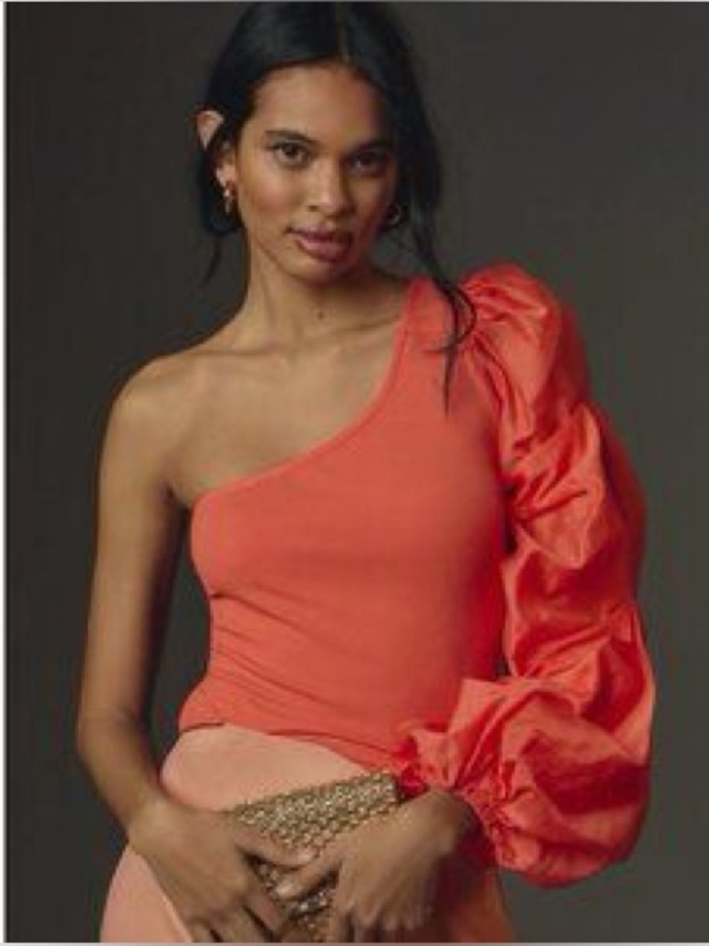 Sunday in Brooklyn Anthropologie Coral One Shoulder Puff Sleeve Top M